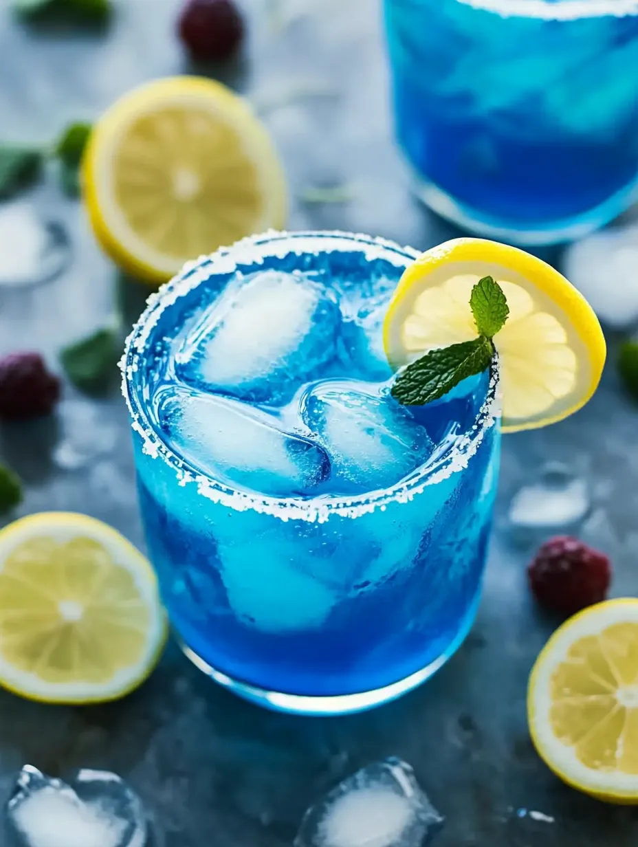 Ein blaues Getränk mit Zitrone und Minze.