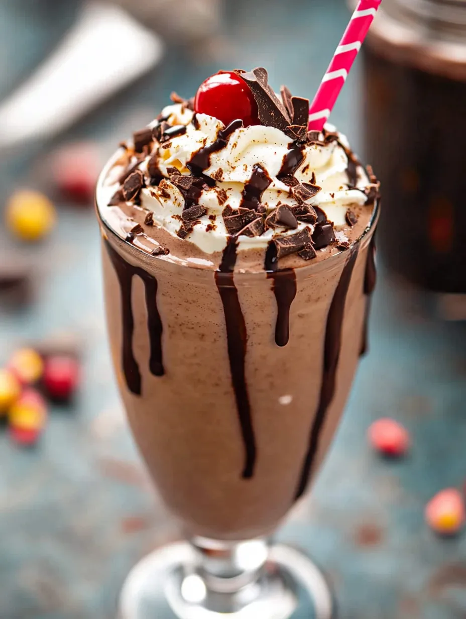 Ein Schoko-Milchshake mit Kirsche oben drauf.