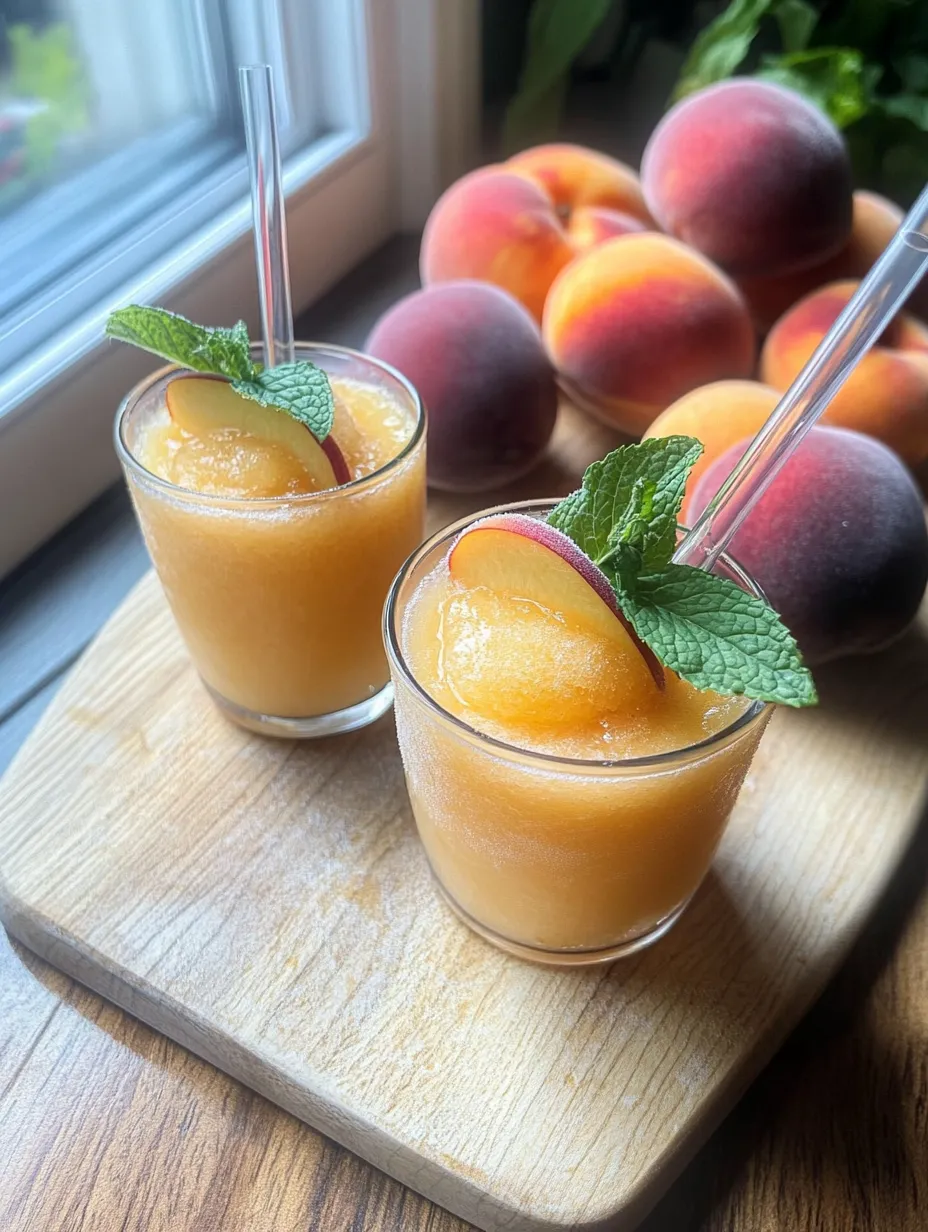Zwei Gläser Pfirsichsaft mit Minz-Deko.