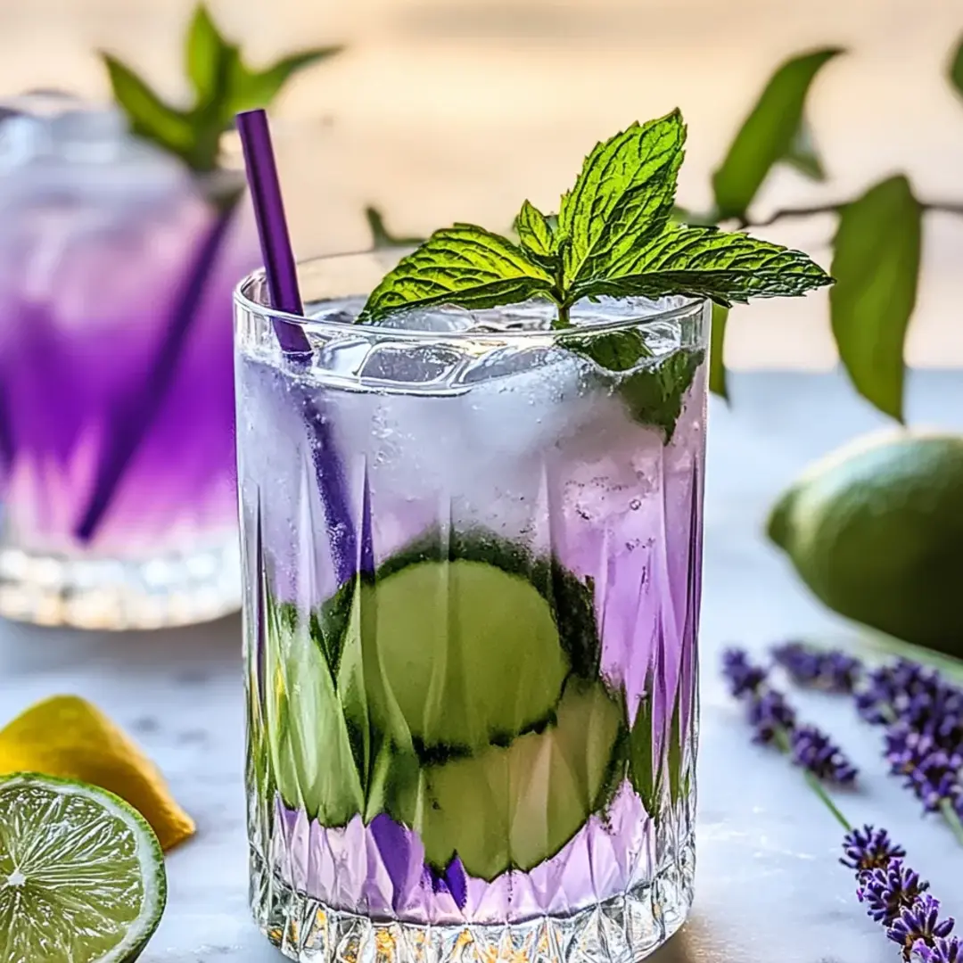 Lila Mocktail mit Gurkendeko im Glas.