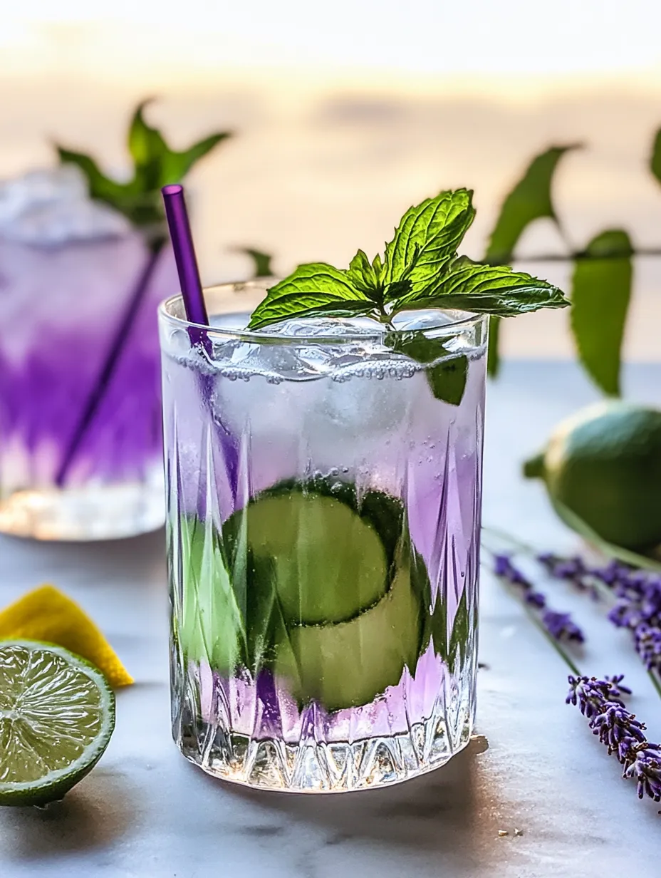 Ein Glas mit lilafarbenem Drink, geschmückt mit Minze.