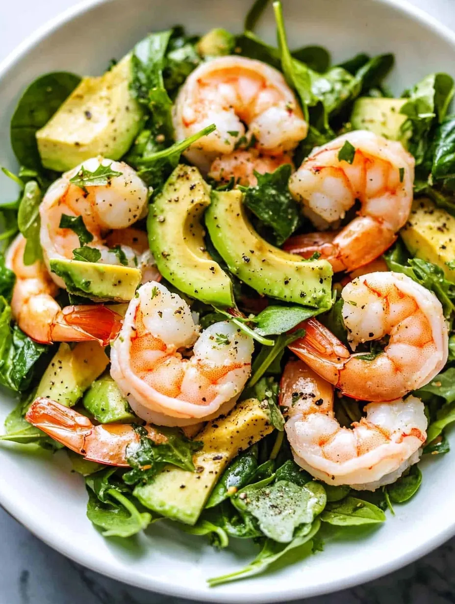 Eine Schüssel Garnelensalat mit Avocado.