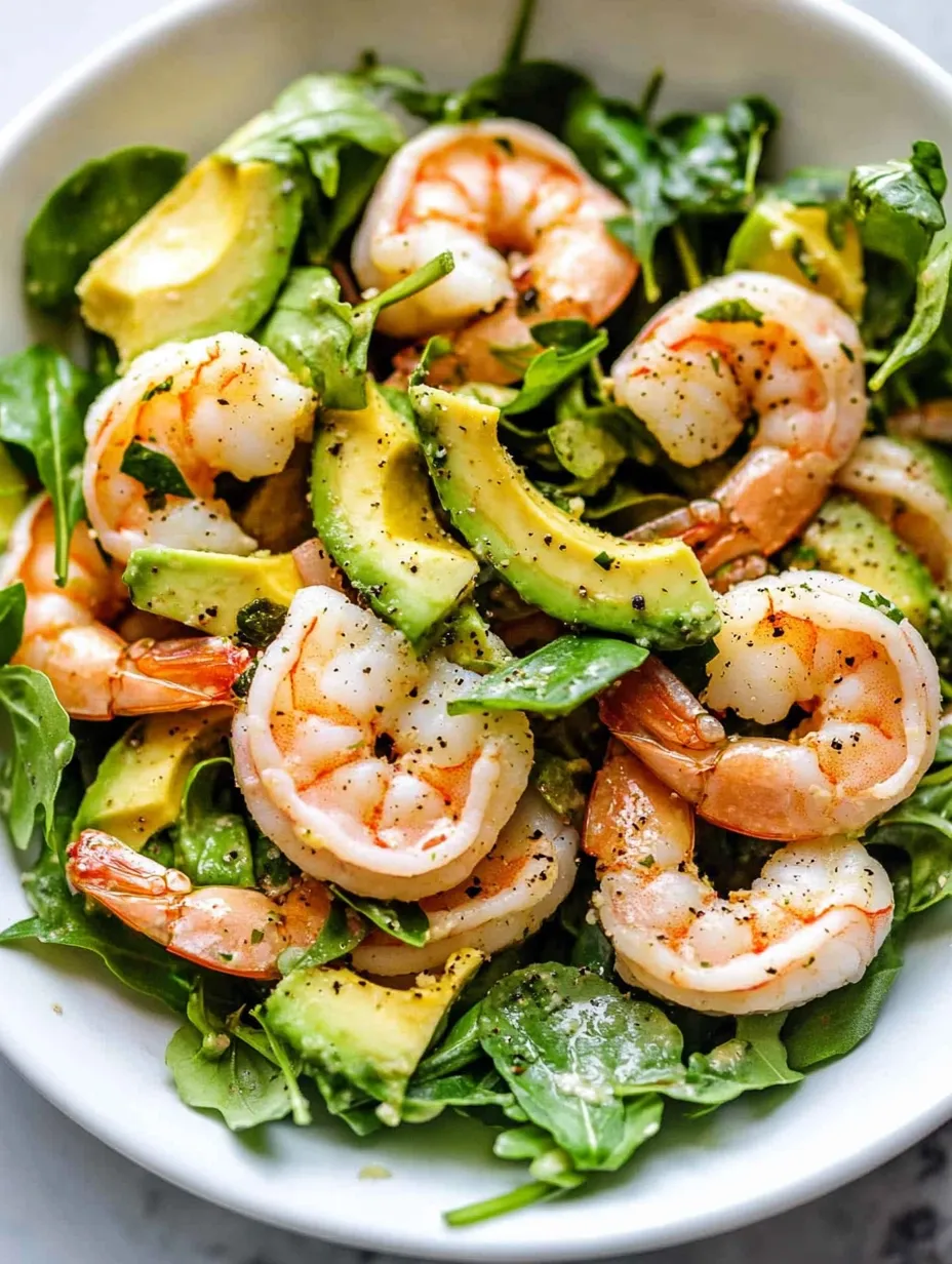 Eine Schüssel Garnelensalat mit Avocado.