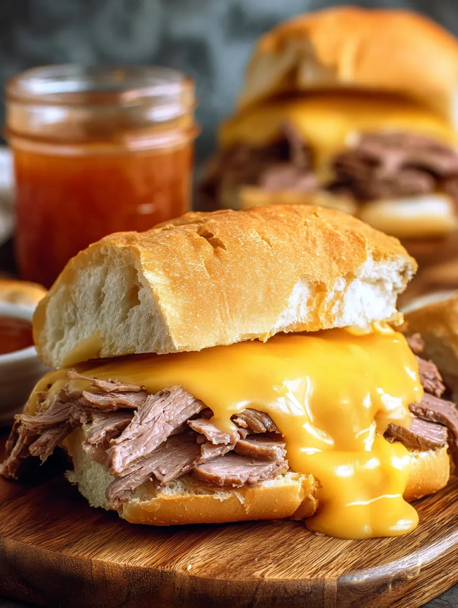 Ein Sandwich mit Fleisch und Käse auf einem Holztisch.