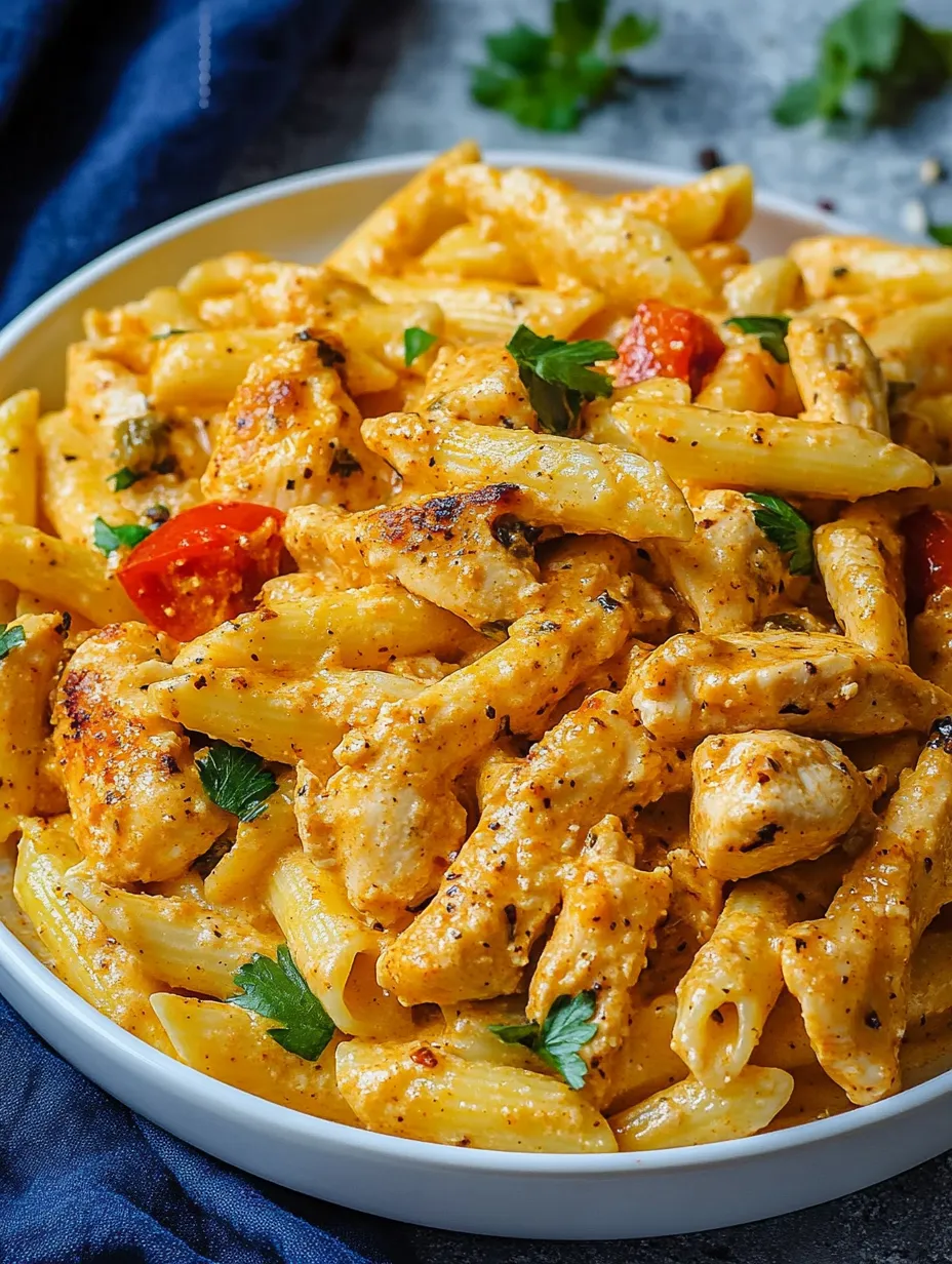 Eine Schüssel Pasta mit Hähnchen und Tomaten.
