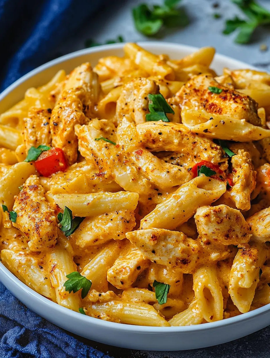 Eine Schüssel Pasta mit Hähnchen und Gemüse.