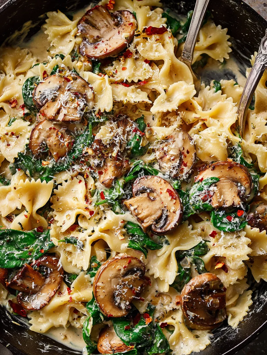 Eine Schüssel Pasta mit Pilzen und Spinat.