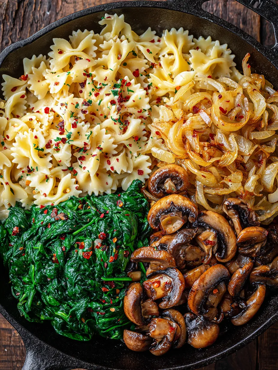 Eine Schüssel mit Pilzen, Zwiebeln und Pasta.