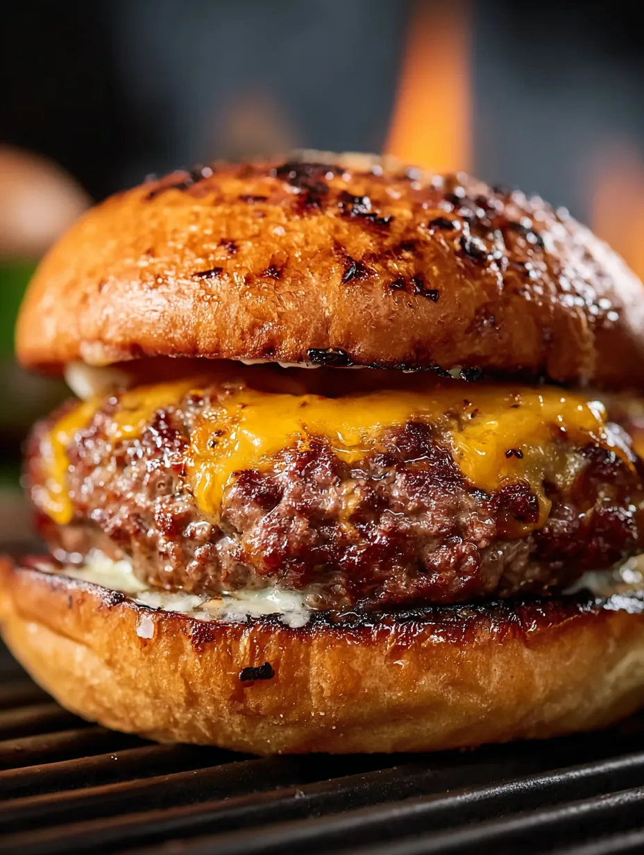 Ein Burger mit Käse im Brötchen.