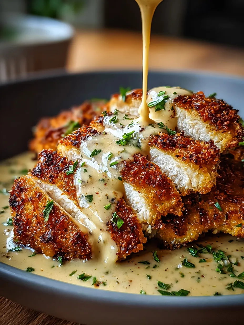 Ein Teller Essen mit darüber gegossener Soße.