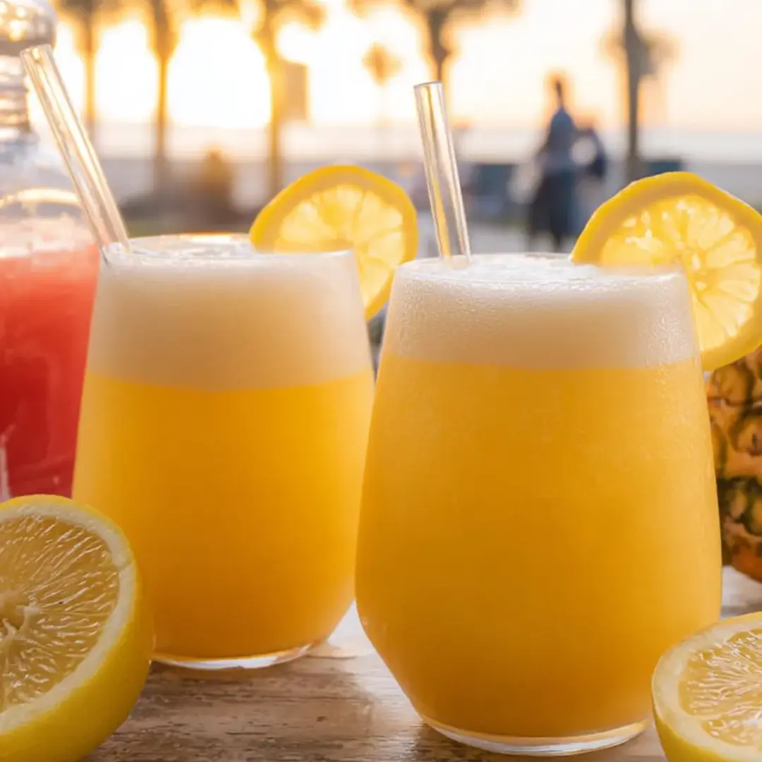 Drei Gläser Limonade stehen gemeinsam auf einem Tisch.