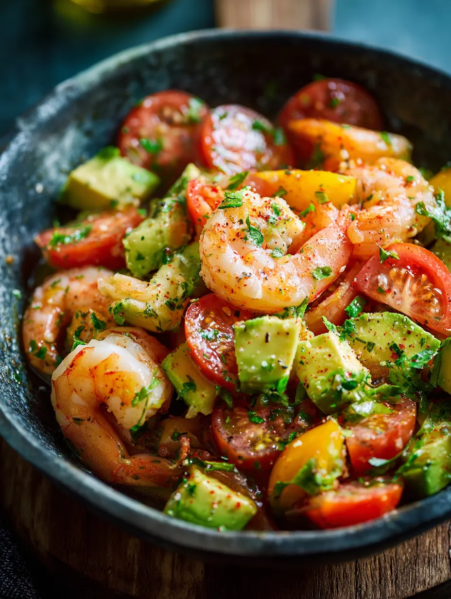 Schale mit Garnelen und Tomaten.