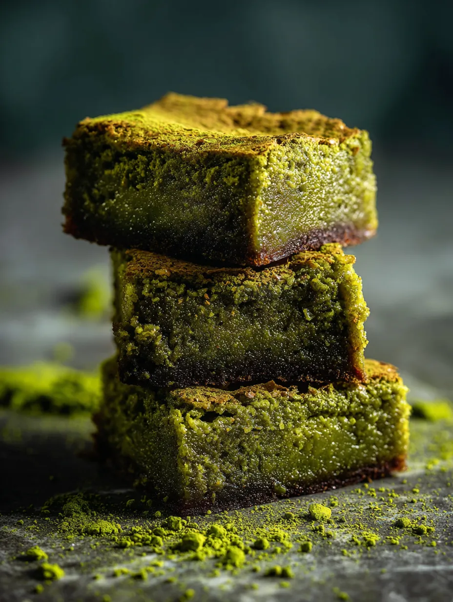 Drei grüne Kuchenstücke sind aufeinander gestapelt auf einem Tisch.
