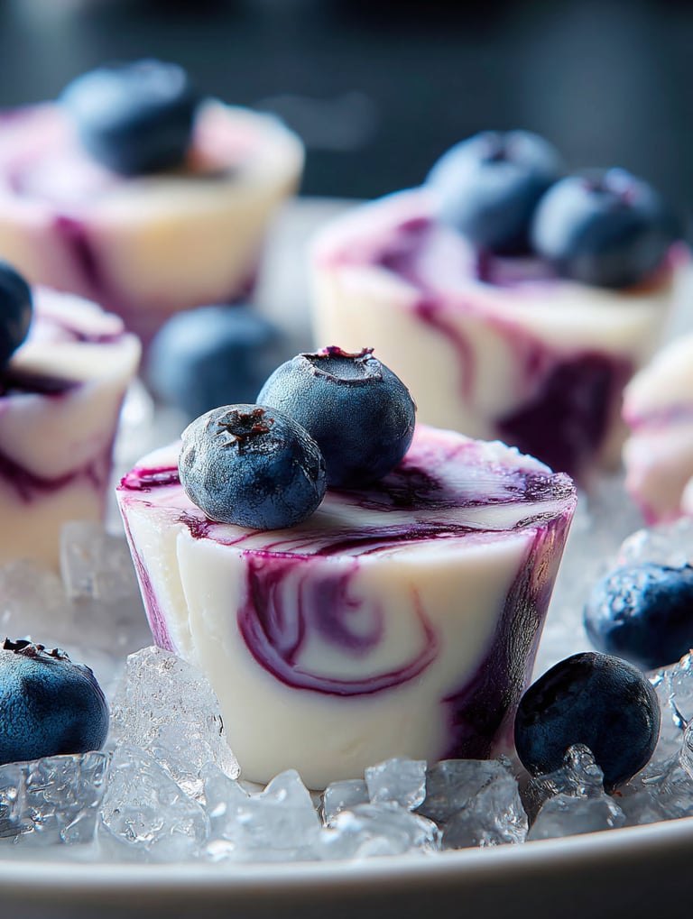 Heidelbeerbissen auf weißem Teller.