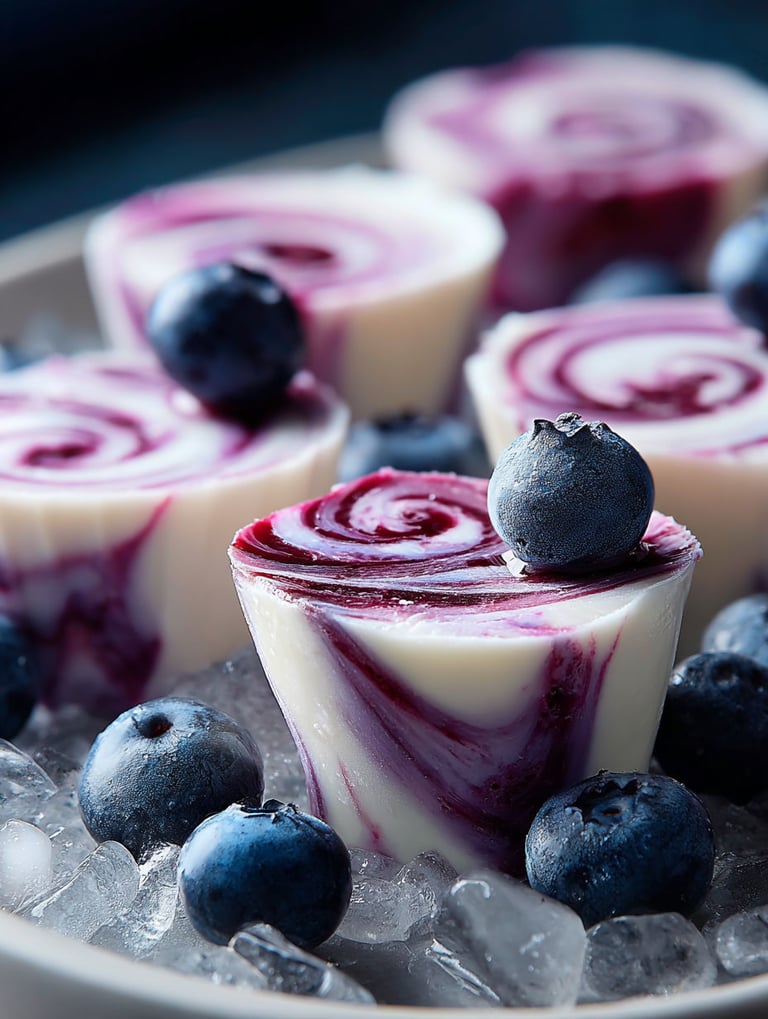 Blaubeer Häppchen auf einem Teller.