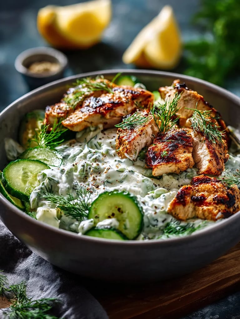 Eine Schüssel mit Hähnchen-Tzatziki und Gemüse.