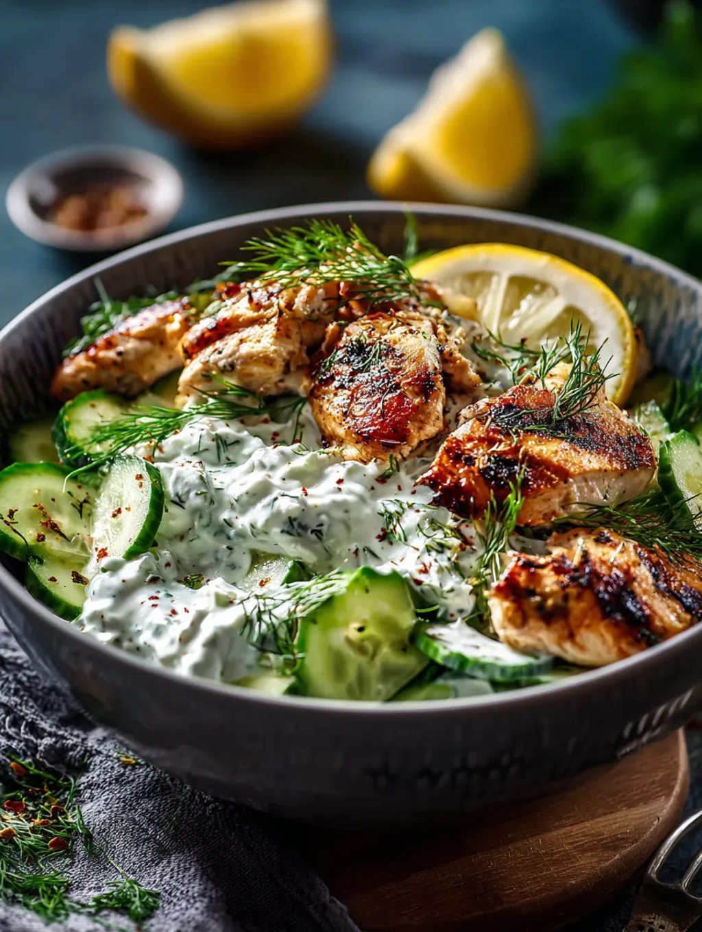 Eine Schüssel mit Hähnchen und Gemüse.