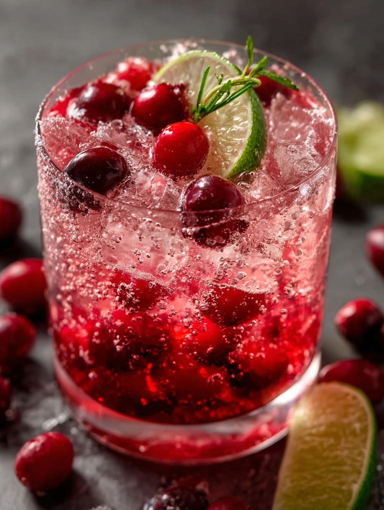 Ein Glas mit einem spritzigen Cranberry-Mocktail.