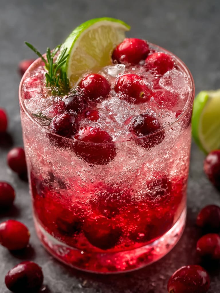 Ein Glas mit rotem Getränk und Cranberries.