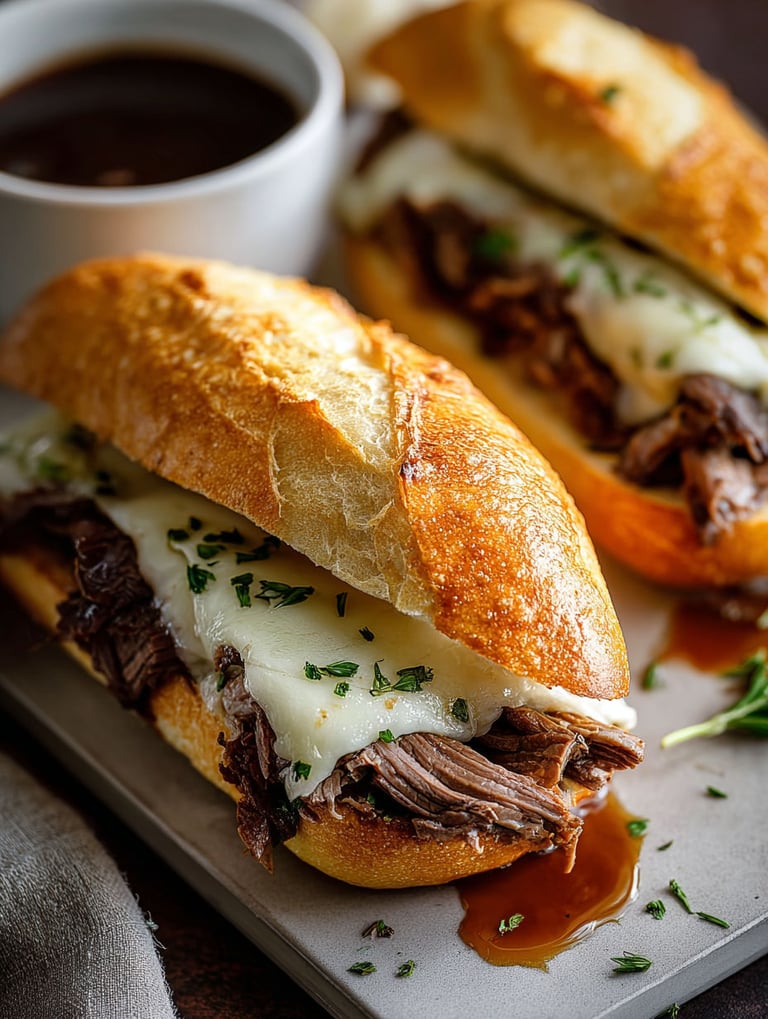 Zwei französische Dip-Rind Sandwiches mit Käse und Soße.