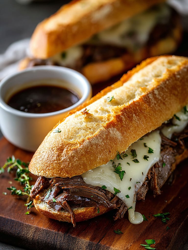 Französische Dip-Sandwiches mit Käse und Sauce.