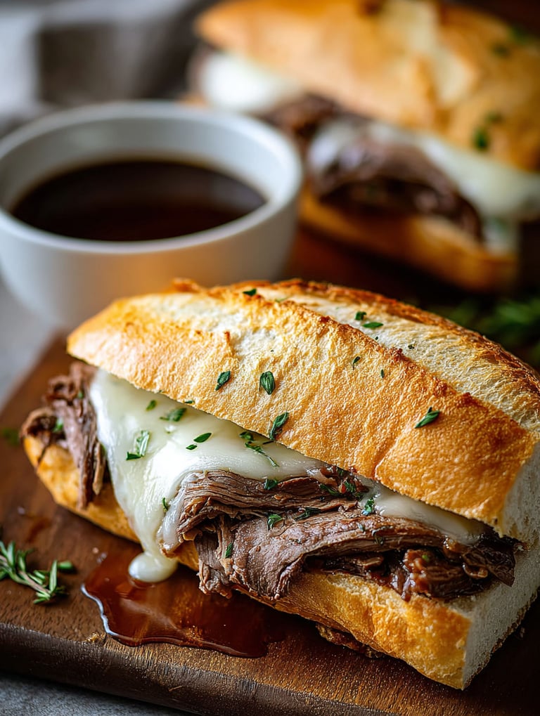 Französische Dip-Sandwiches mit Käse und Bratensoße.