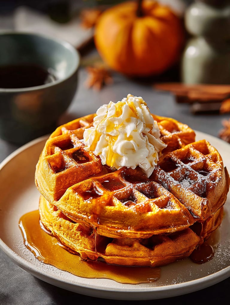 Mehrere Waffeln mit einem Kürbis oben drauf.