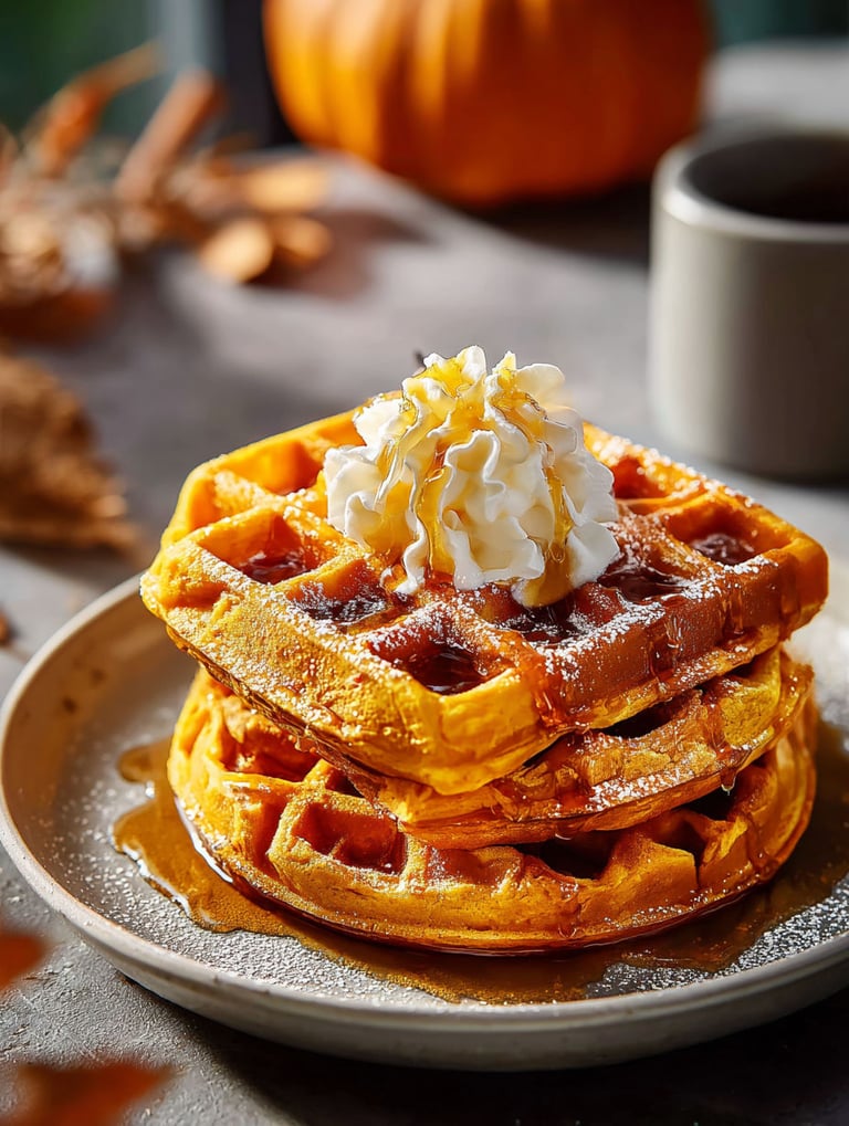 Ein Stapel Waffeln mit Schlagsahne und Kürbissirup.