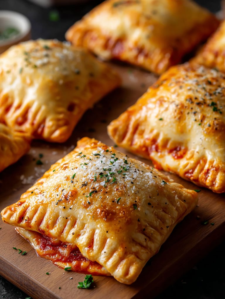 Kleine Pizzataschen auf Holzbrett.