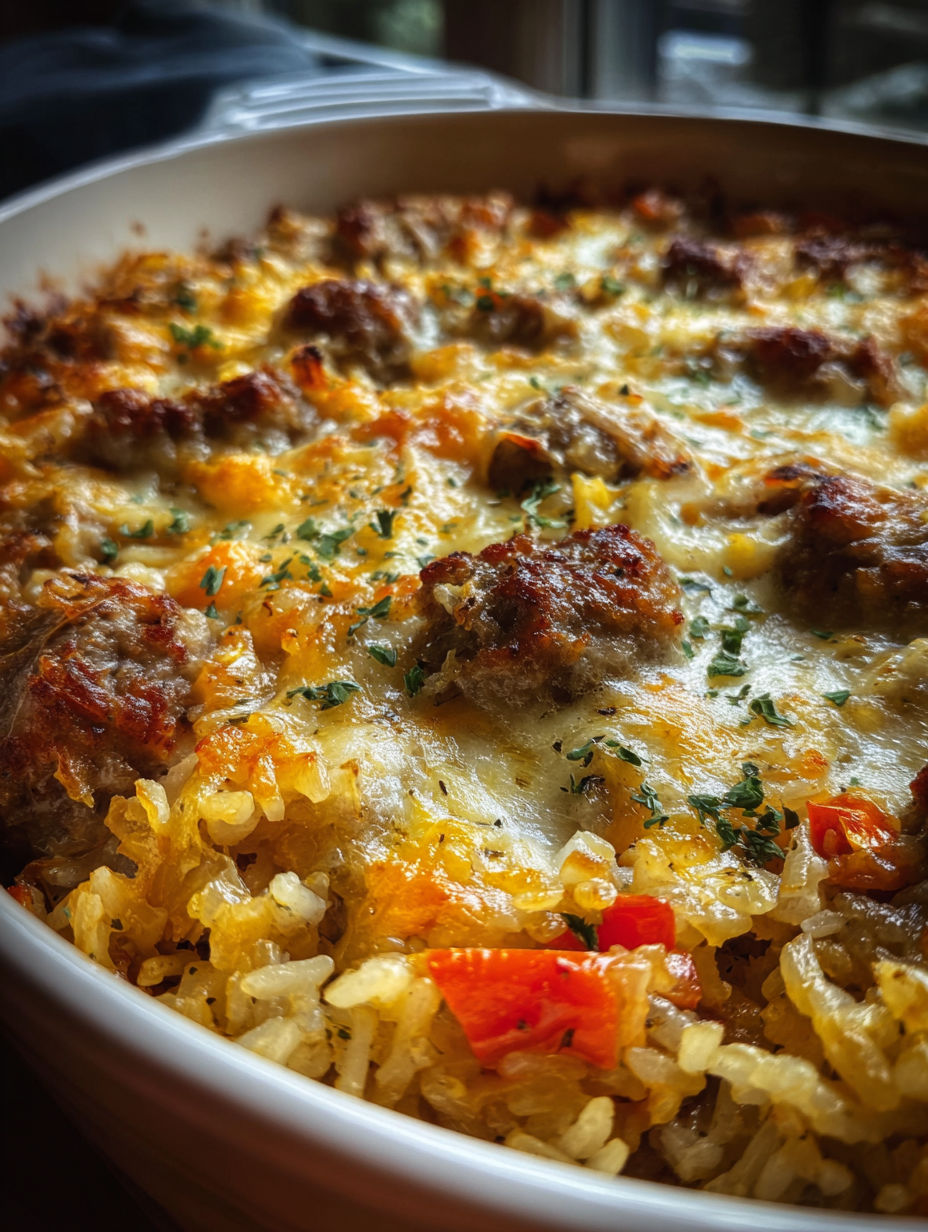 Nahaufnahme eines Auflaufs aus Würstchen und Reis.