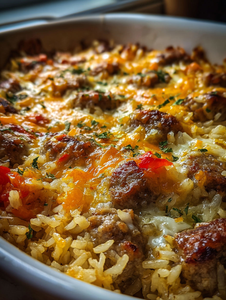 Leckerer Auflauf mit Würstchen und Reis.