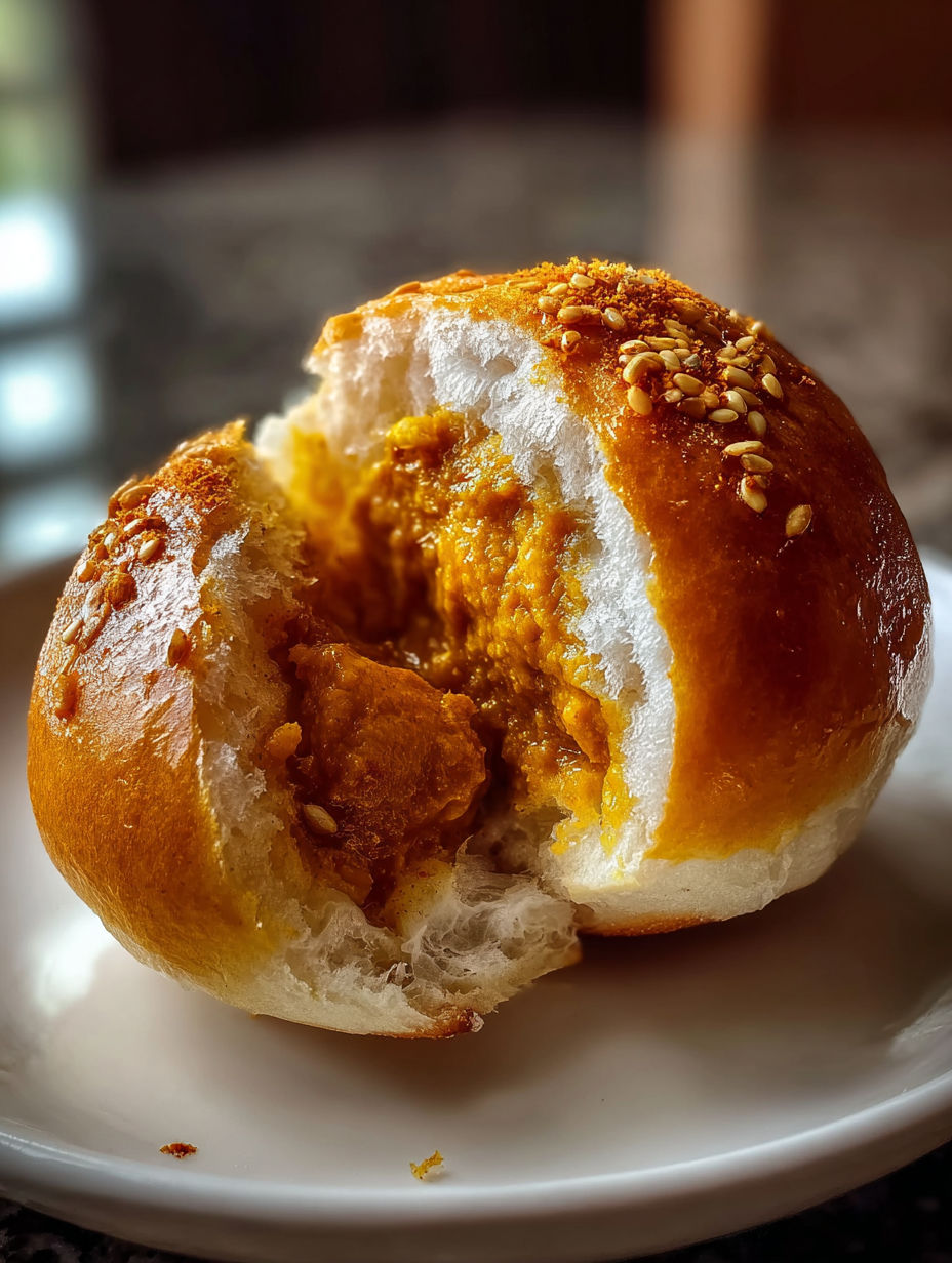 Ein japanisches Curry-Brötchen mit einem Bissen herausgenommen.