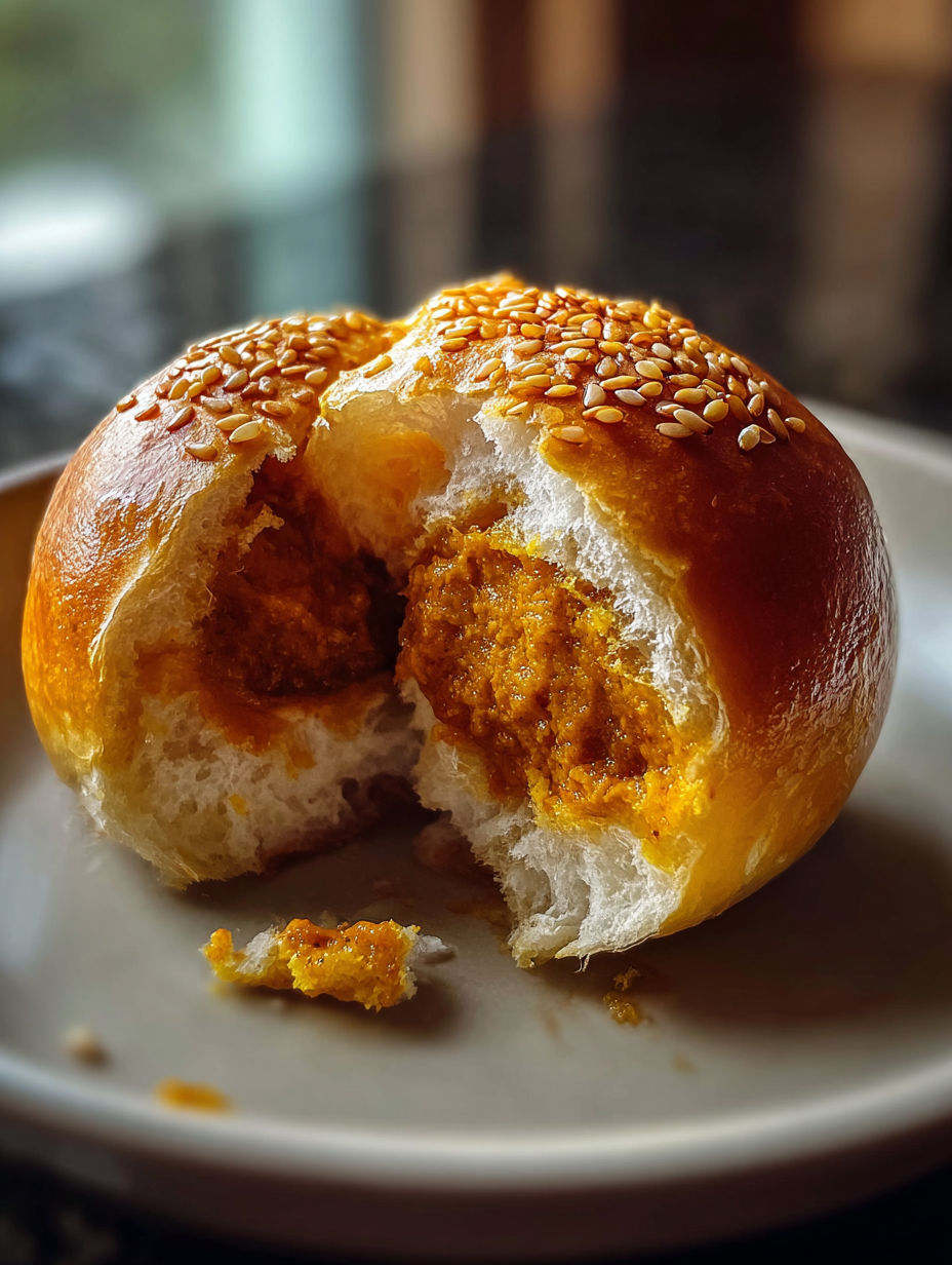 Ein japanisches Curry-Brötchen mit einem Biss herausgenommen.