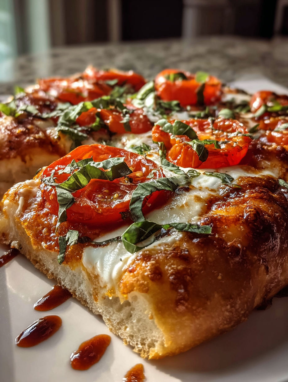 Ein Stück Margherita Pizza mit Tomaten und Basilikum.