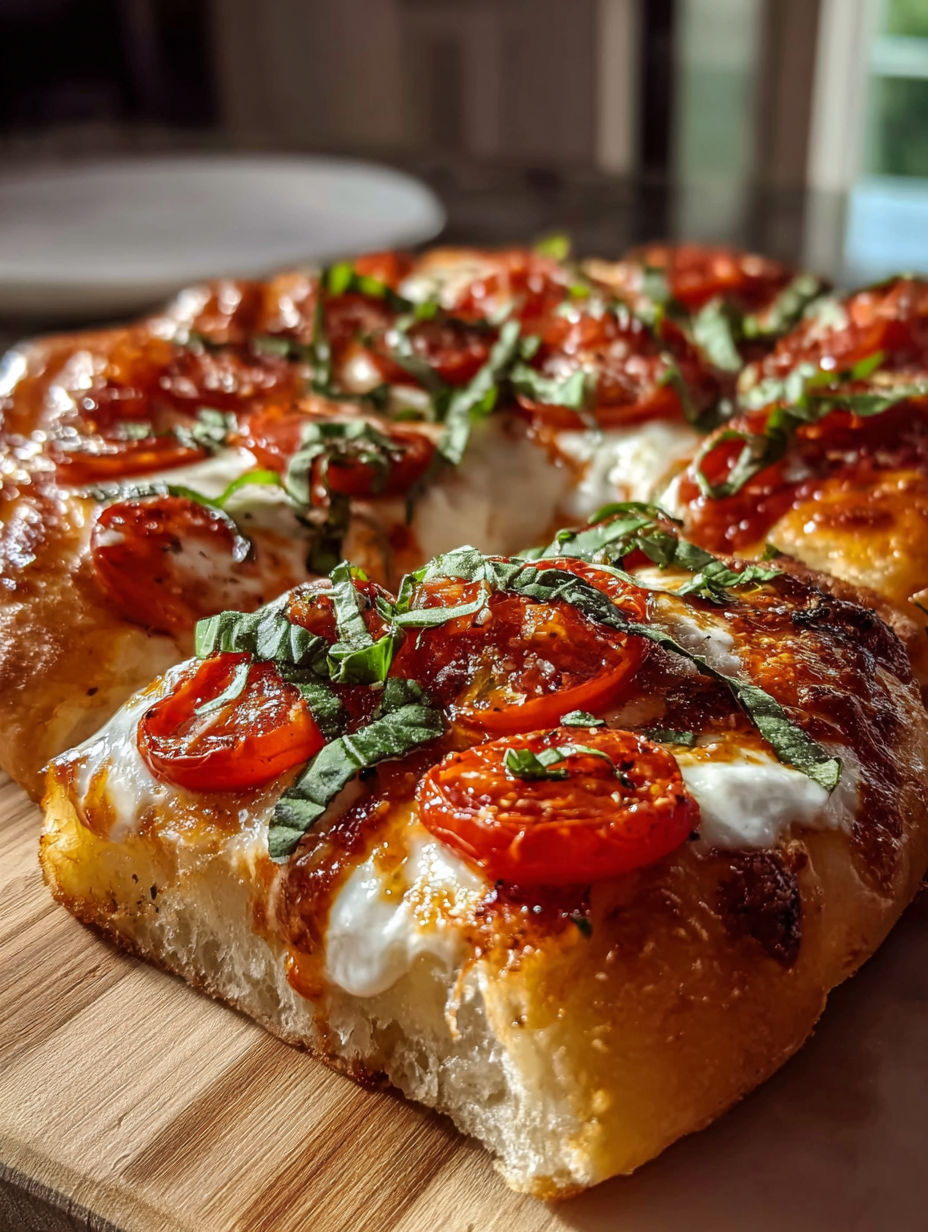 Ein Stück Margherita Pizza mit Tomaten und Basilikum.