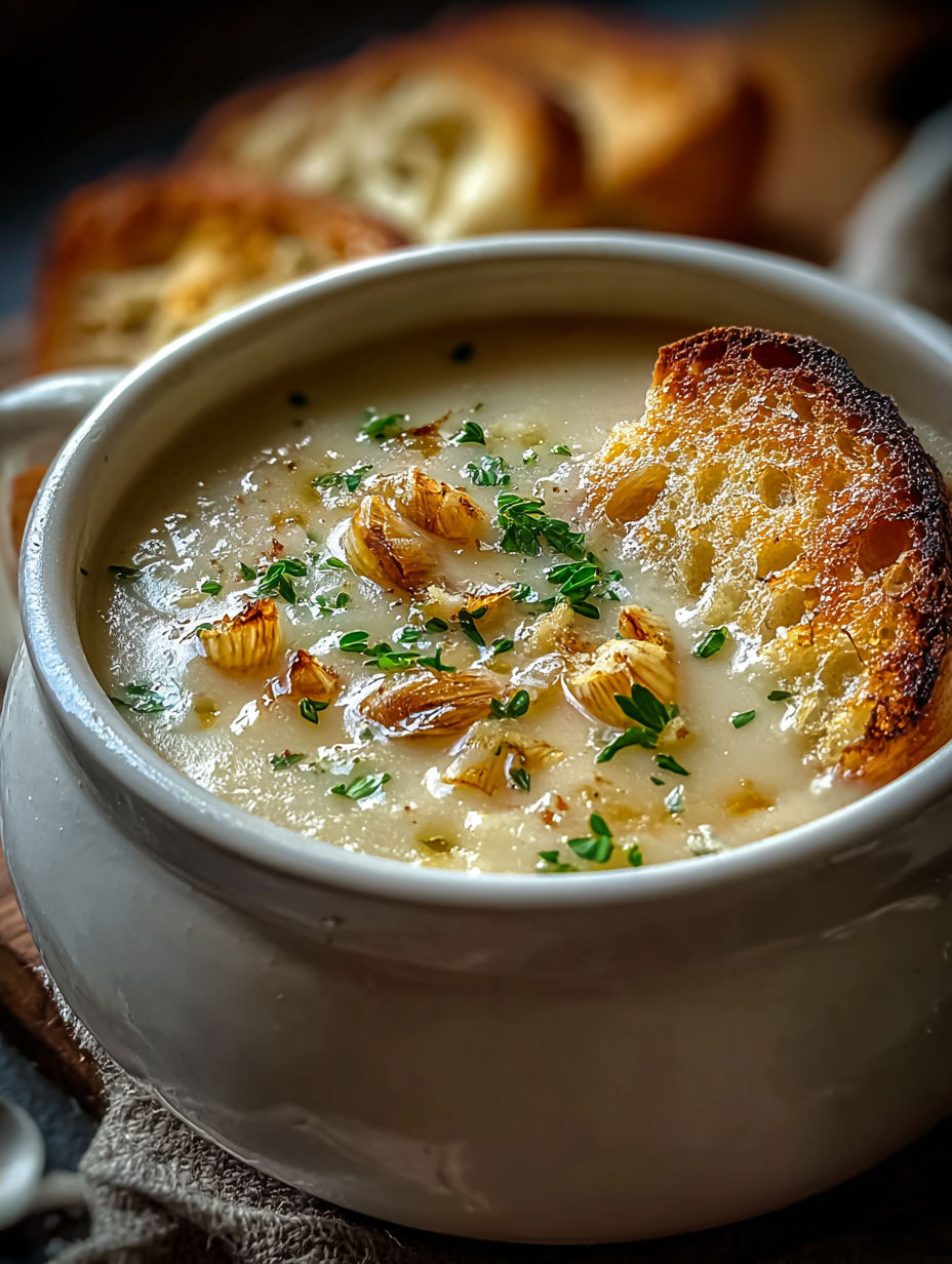 Eine Schüssel Suppe mit einem Stück Brot darauf.