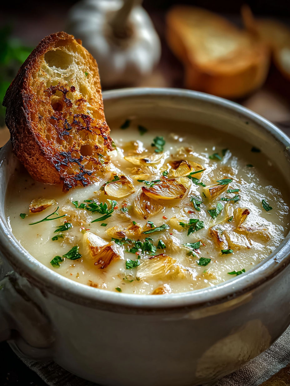 Eine Schüssel Suppe mit einem Stück Brot darauf.