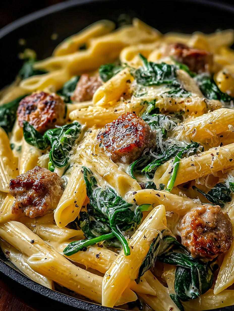 Leckere cremige Penne mit Spinat und italienischer Bratwurst aus nur einer Pfanne.