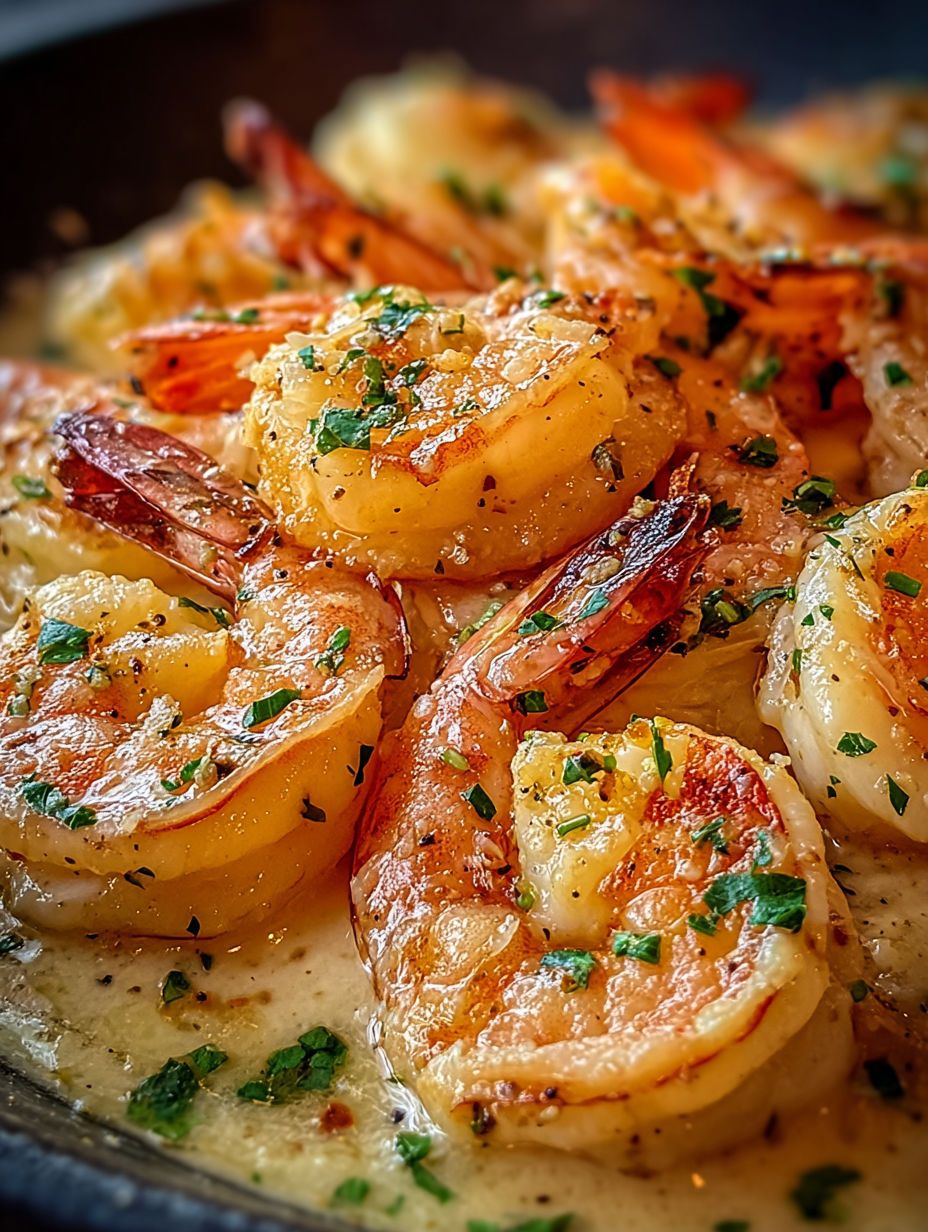 Ein Teller mit Garnelen in Knoblauch-Butter-Soße.