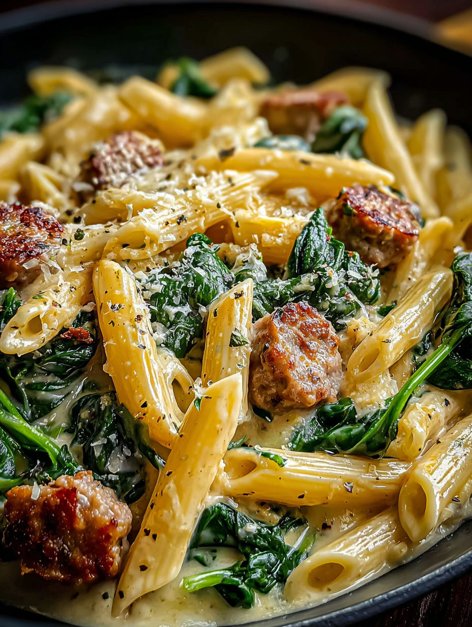 Leckere cremige Penne mit Spinat und italienischer Bratwurst aus nur einer Pfanne.