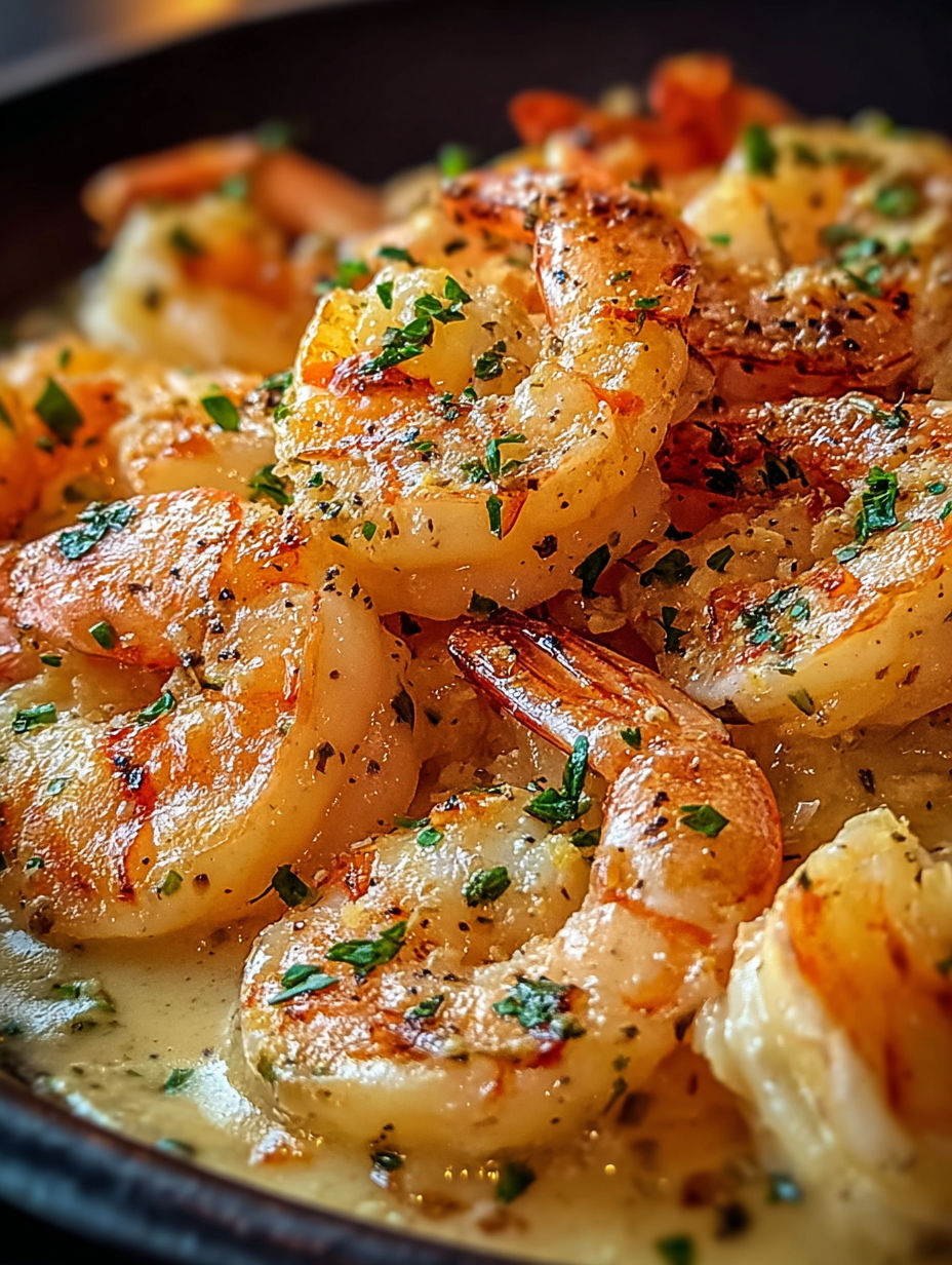 Garnelen in Knoblauch-Butter-Soße mit frischen Kräutern.