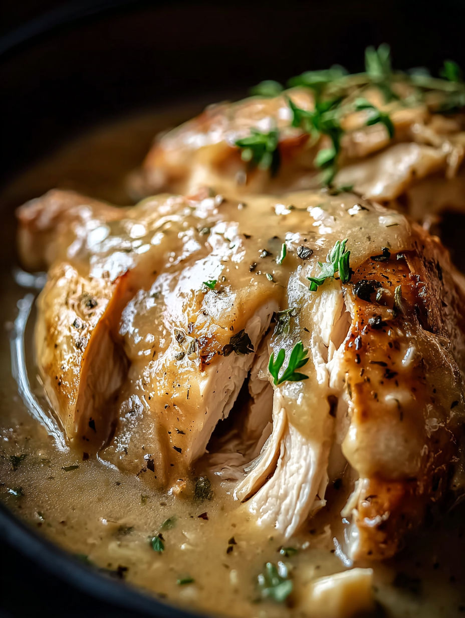 Nahaufnahme einer Hähnchenbrust im Slow Cooker.