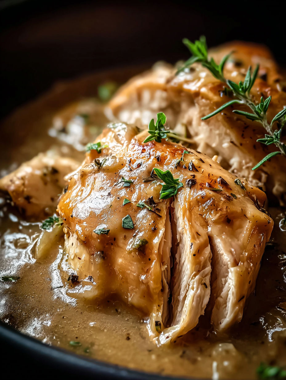 Nahaufnahme eines Slow Cookers mit Hähnchen und Soße.