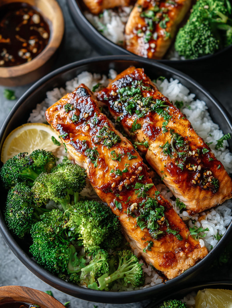 Eine Schale mit Lachs, Brokkoli und Reis.