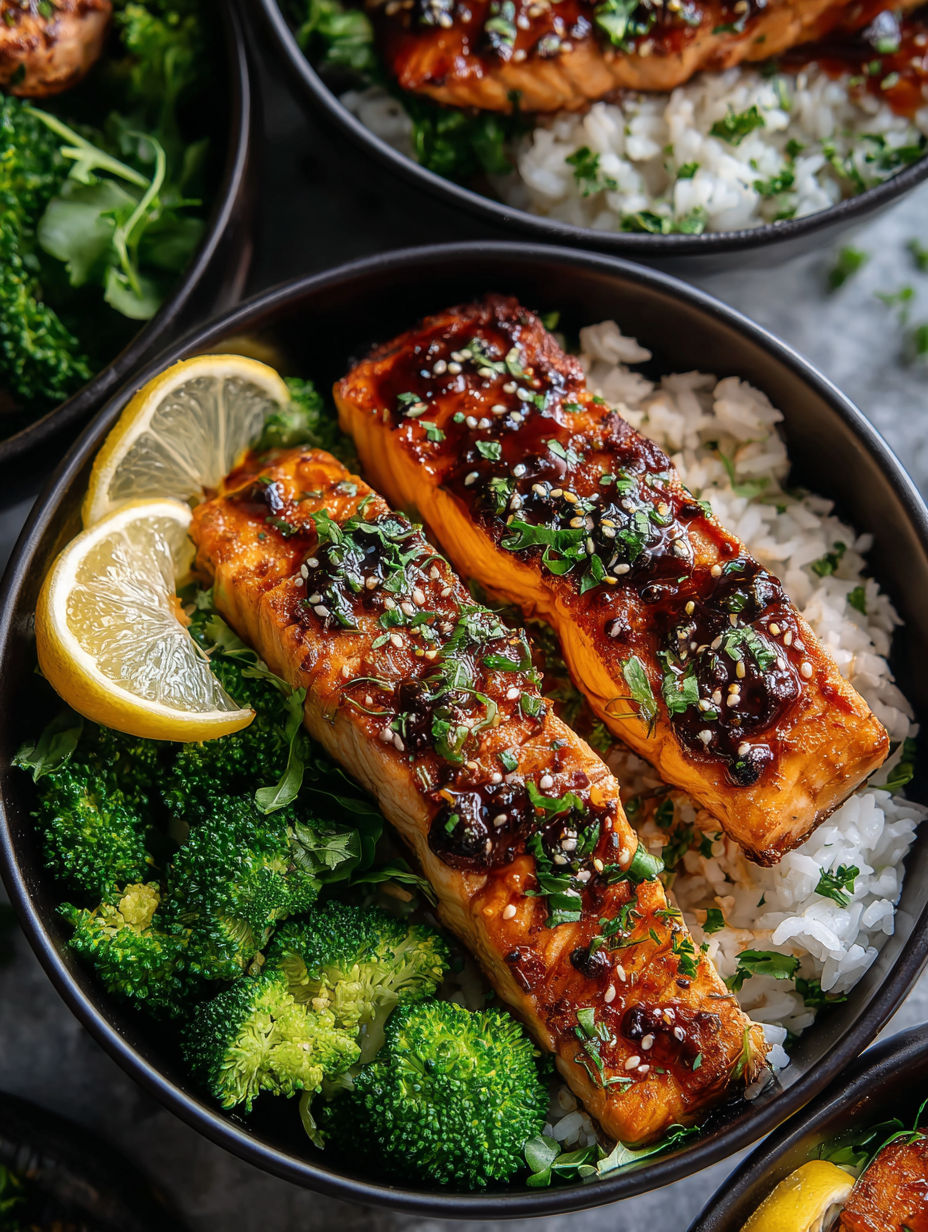 Eine Schüssel mit Lachs, Reis und Brokkoli.