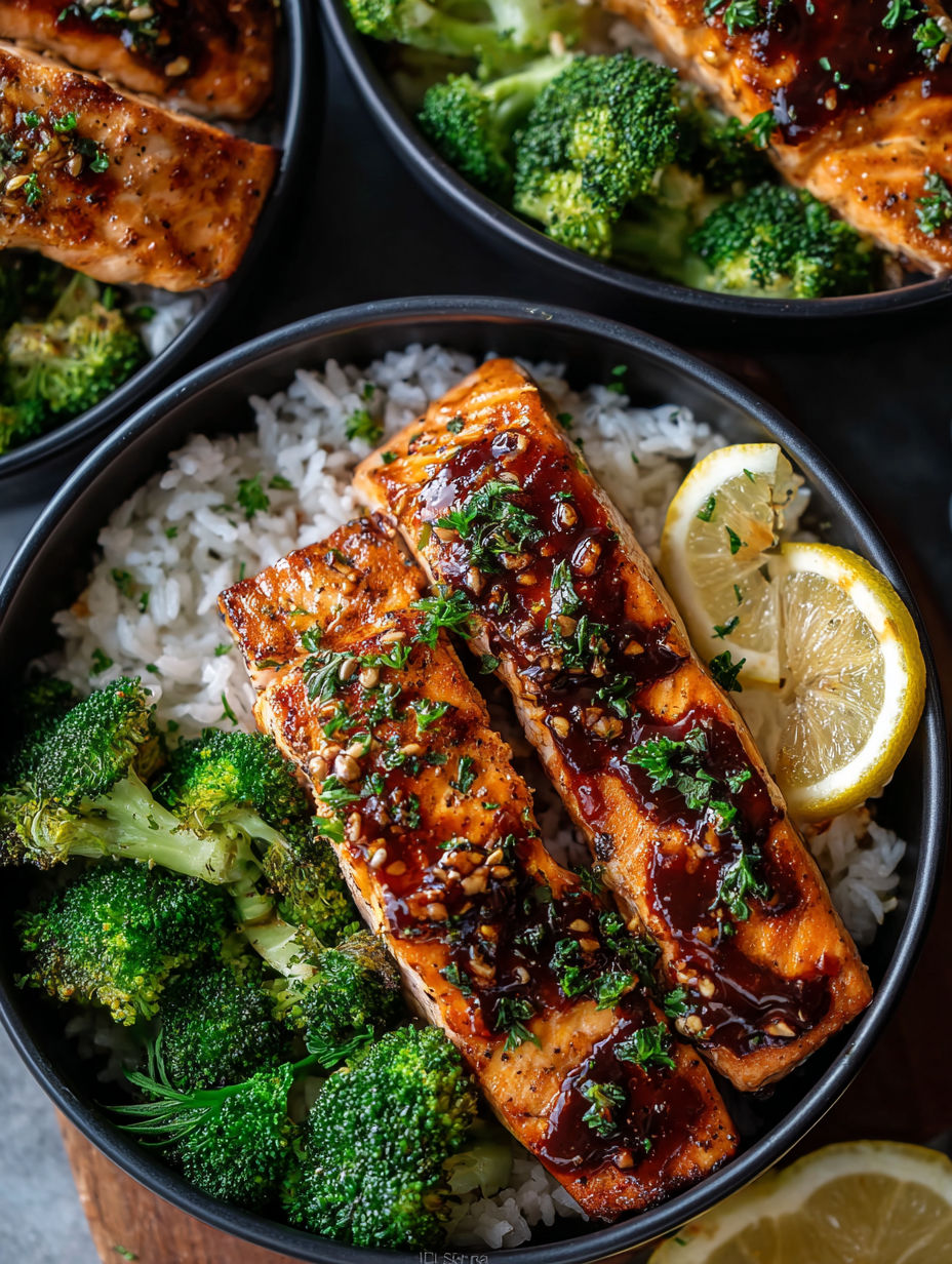 Eine Schüssel mit Lachs, Reis und Brokkoli.