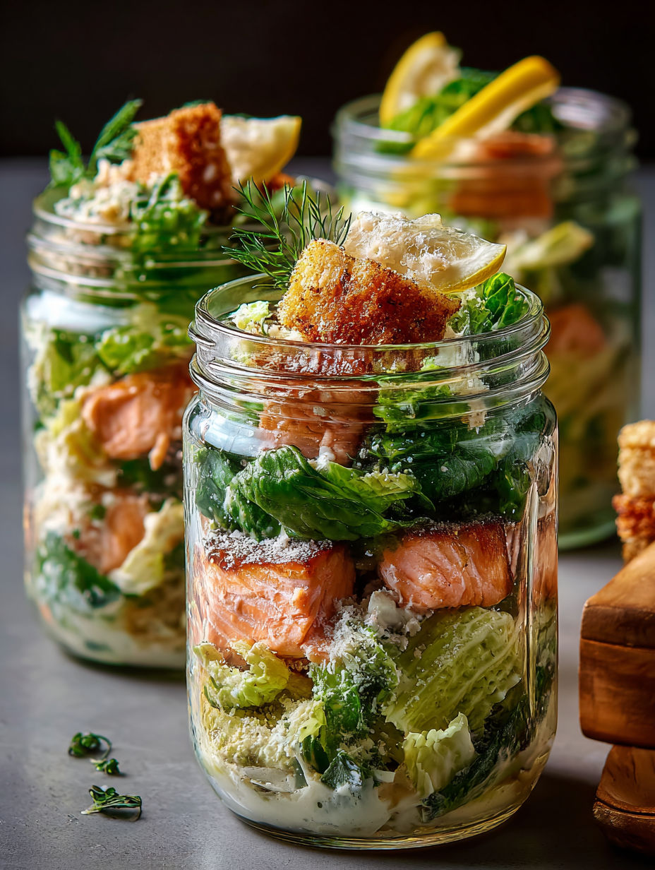 Ein Glas mit Lachs-Caesar-Salat.