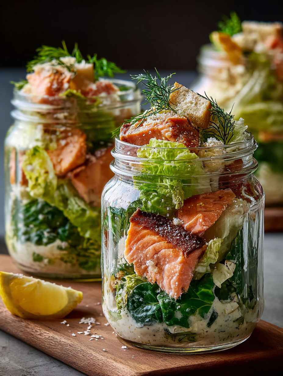 Ein Glas mit Lachs-Caesar-Salat.