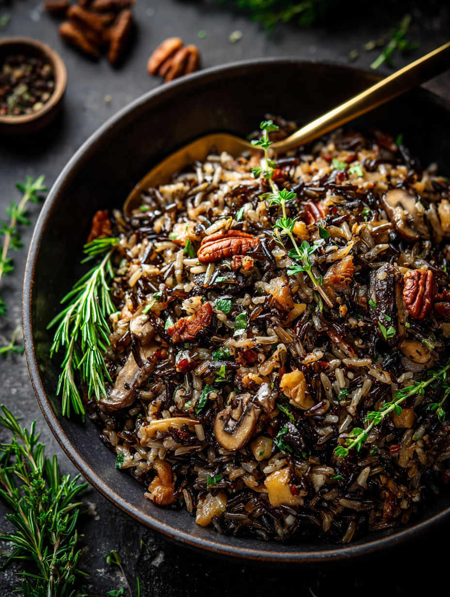 Eine Schüssel mit Wildreis-Pilzfüllung.