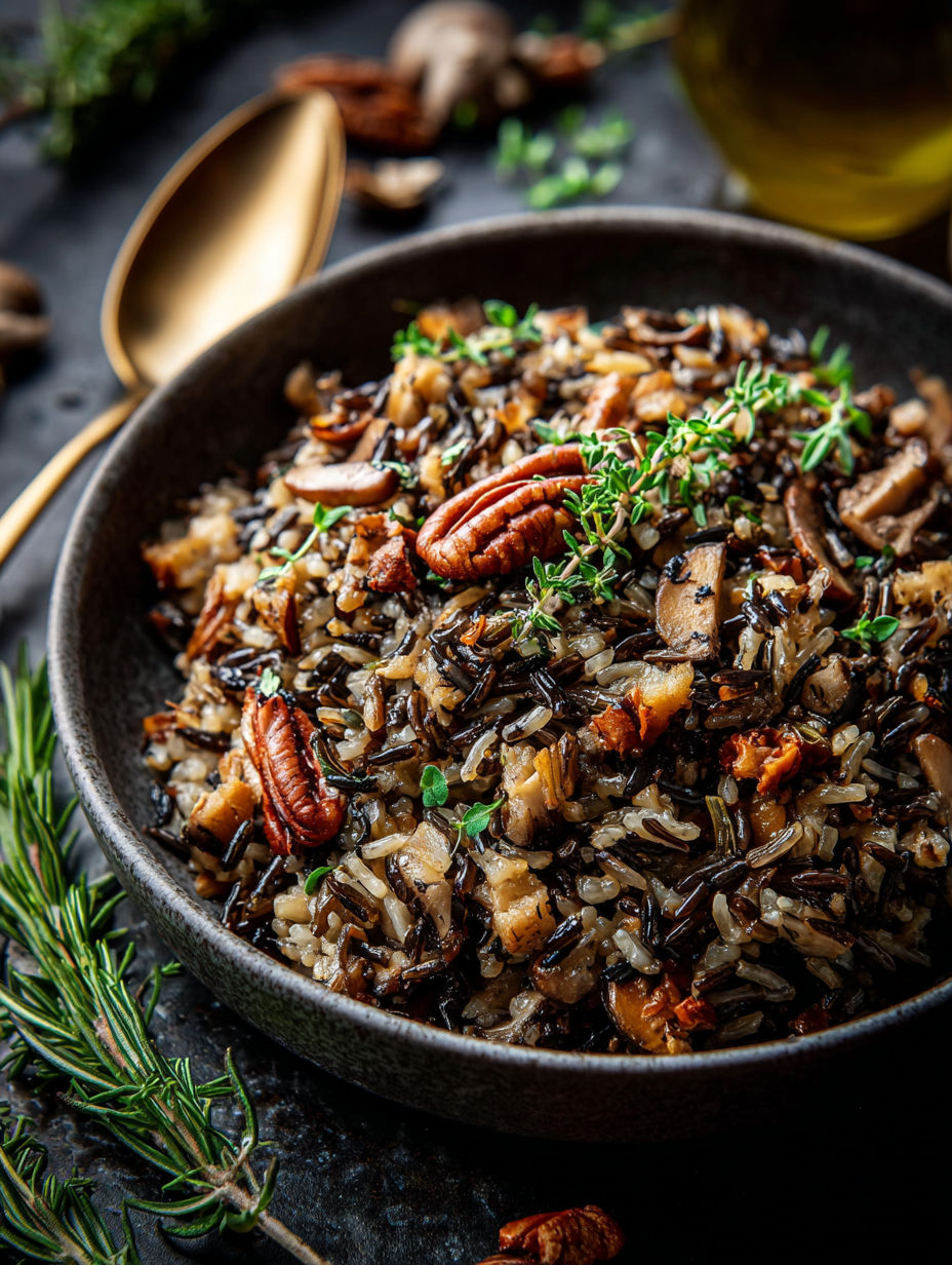 Schüssel mit Reis und Pilzen.